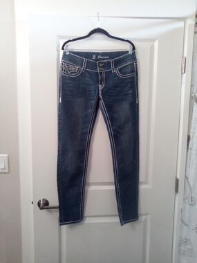 Y2K Dark Indigo Skinny Jeans with White Stitching Womens Size 13